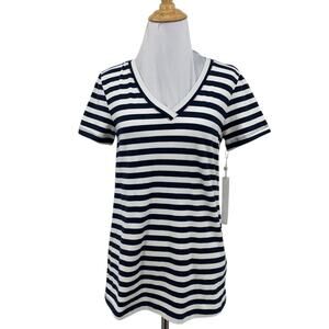 Caslon T Shirt Womens XS Extra Small Navy White V Neck Striped Short Sleeve Tee
